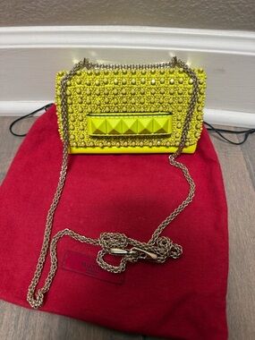 Valentino Neon Yellow Studded Chain Crossbody Bag